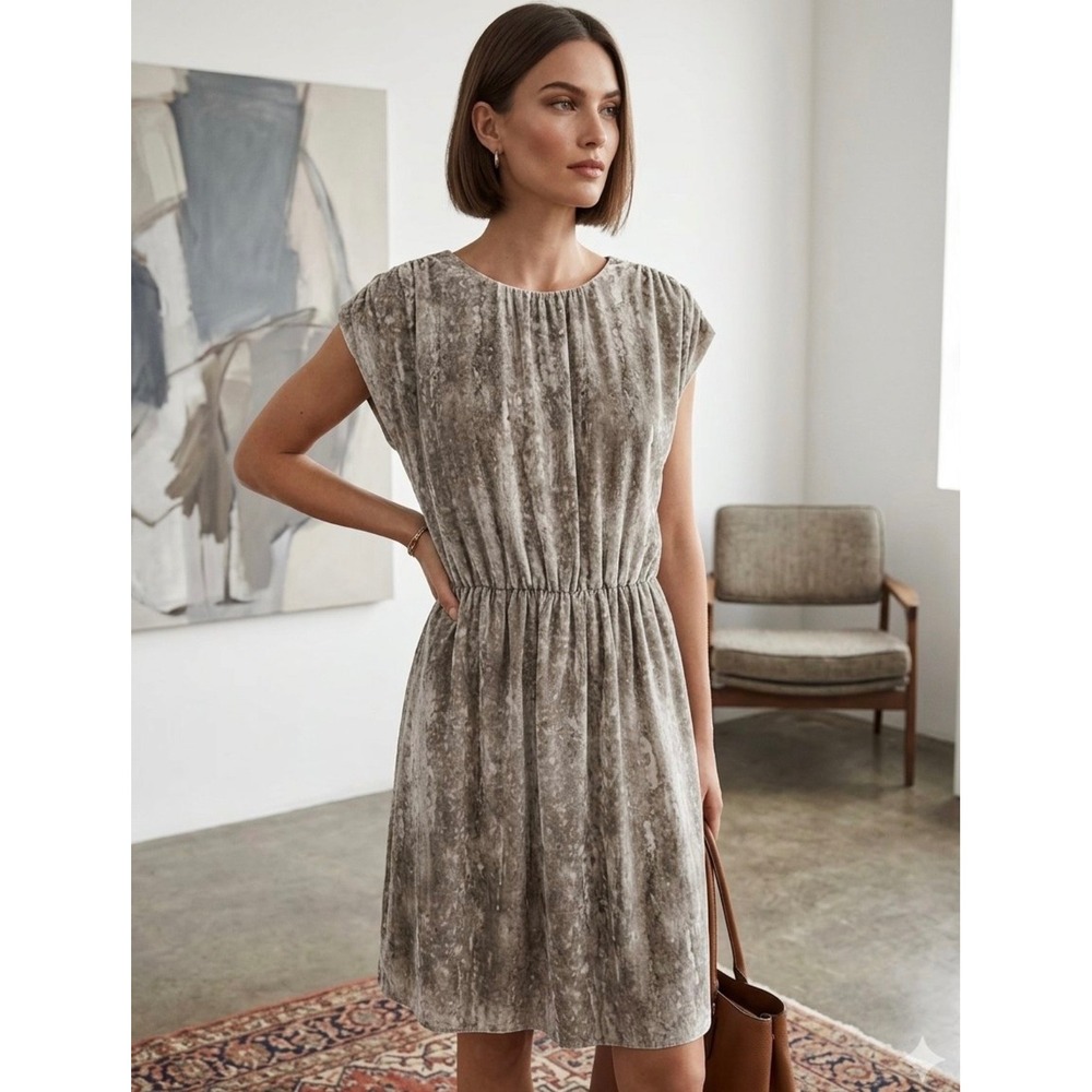 Michael Kors Marble Print Elastic Waist Blouson Dress Taupe Grey Size 2 Earthy